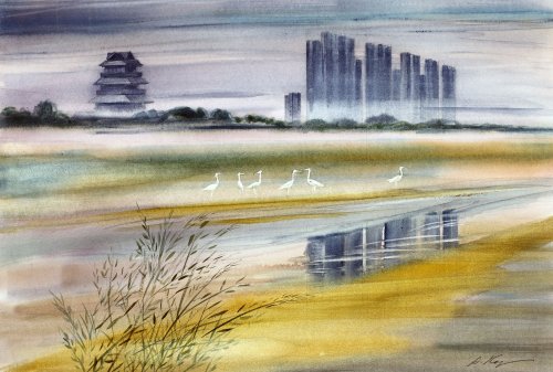 Танец белых цапель на берегу Хуанхэ. Из серии "Желтый Китай". 2025. Бум., акв.. 50х75 см.